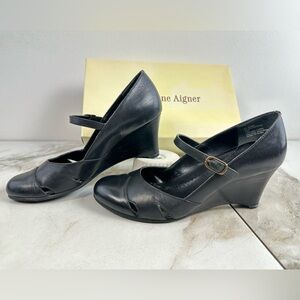 Etienne Aigner Noella Black Leather Mary Jane Wedge Heels Pumps, 7